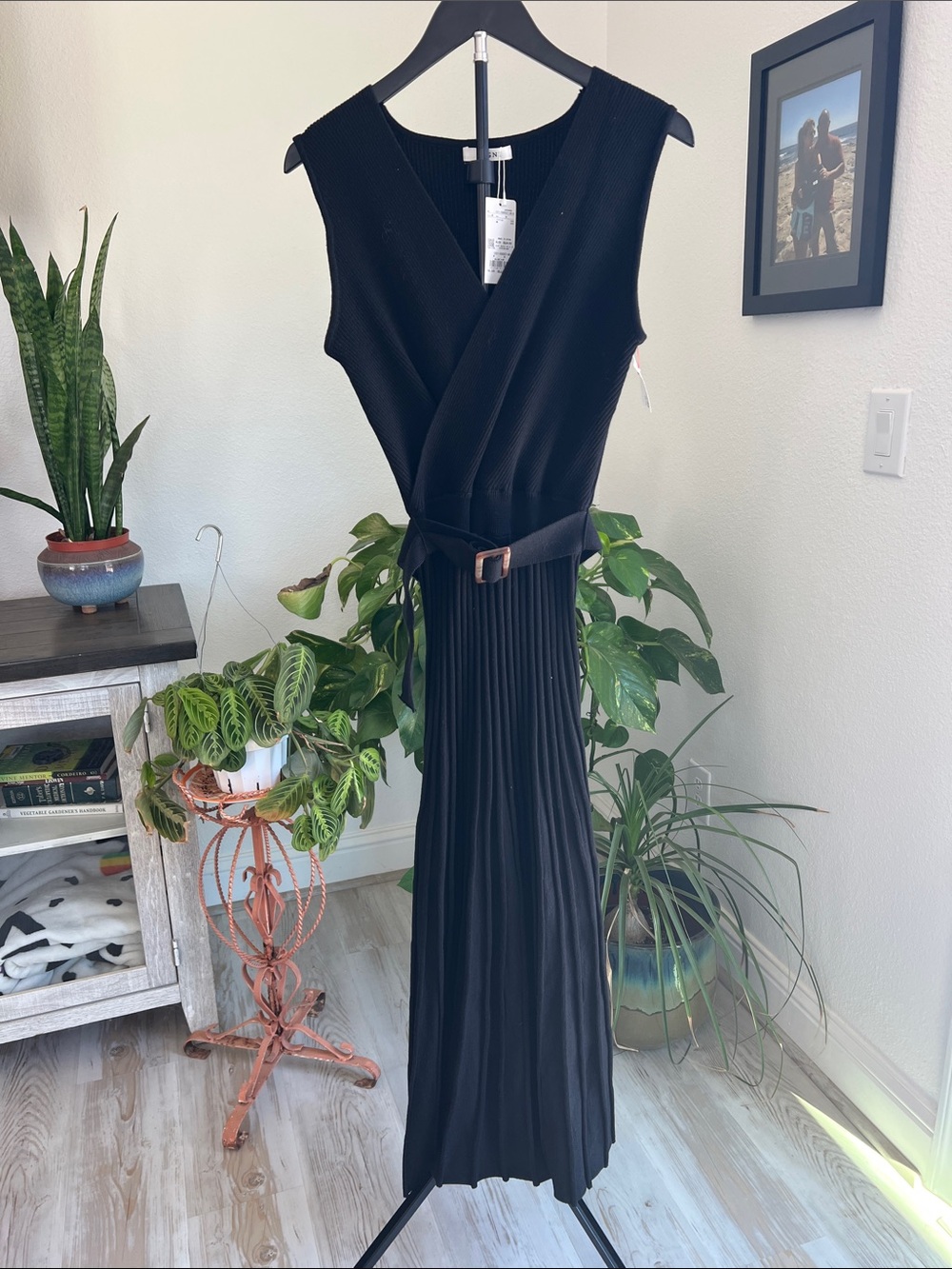 Sleeveless Black Wrap-Front Maxi Dress with Belt